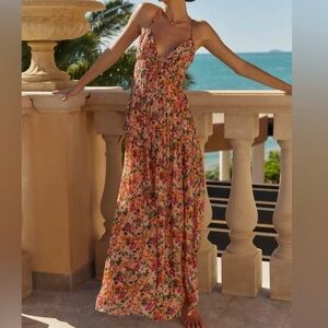 ASTR the label tropics plunge maxi dress in peach fuchsia floral